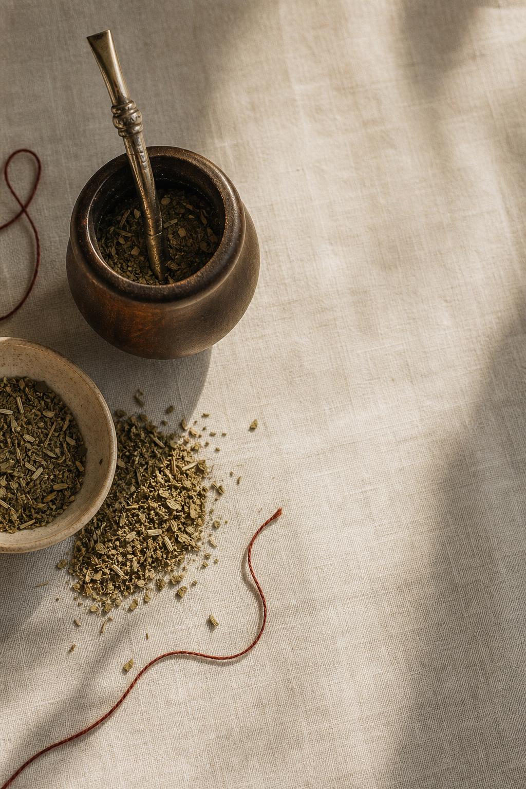 Mate de madera con bombilla de plata sobre lino hueso, ritual argentino